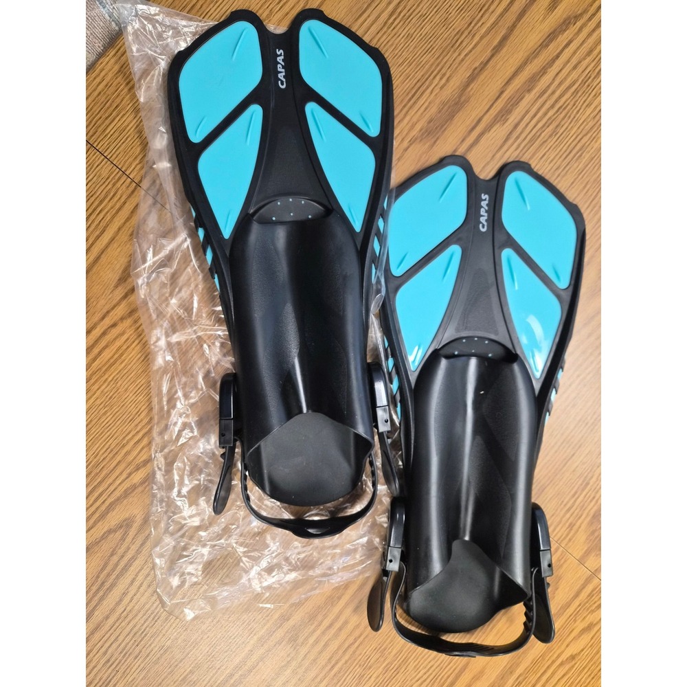 CAPAS Travel Snorkel Fins Black Blue Open Heel Adjustable Size ML/XL 9-13 NEW